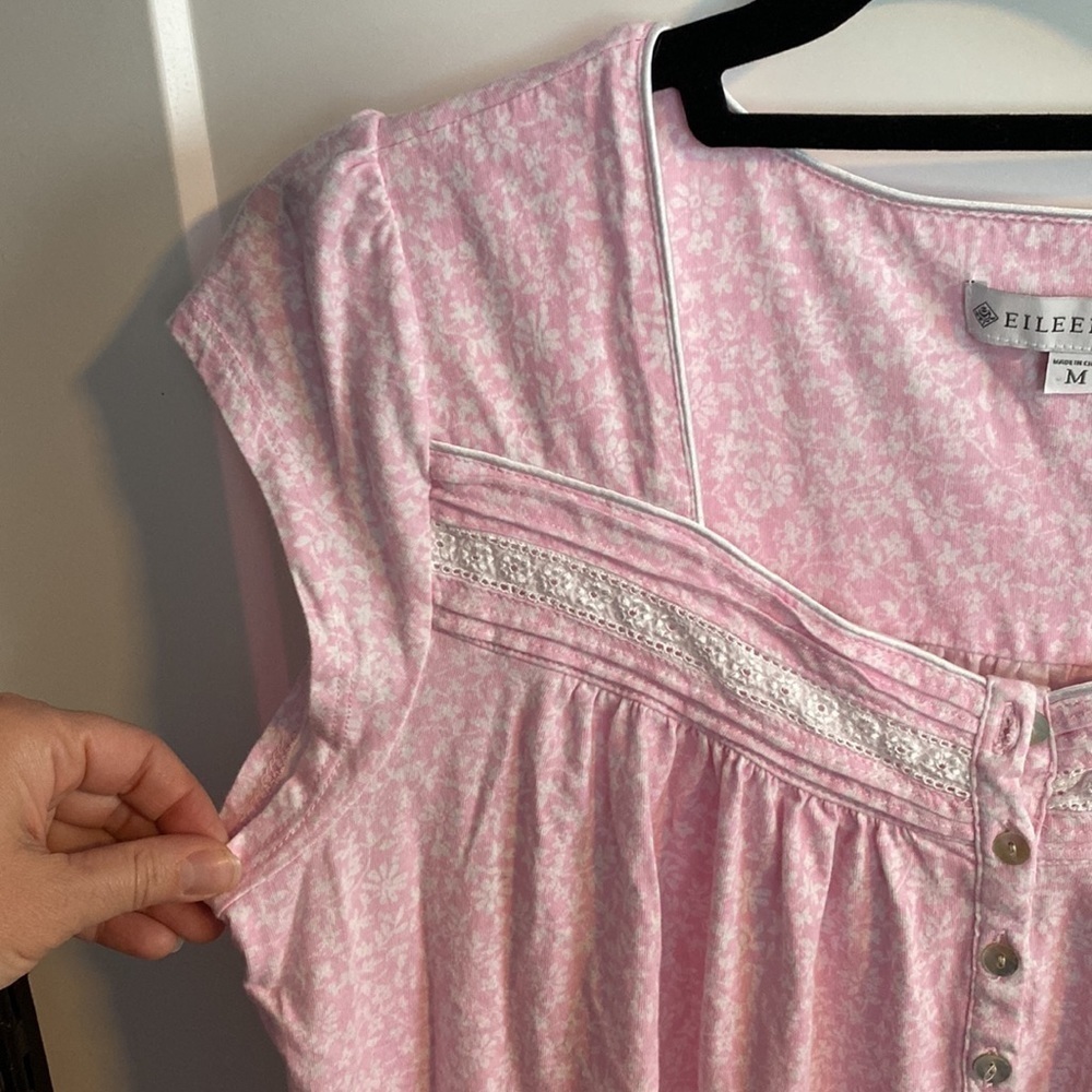 Eileen West Pink Floral Cap Sleeve Night Dress Lace Button Yoke EUC - Picture 5 of 11